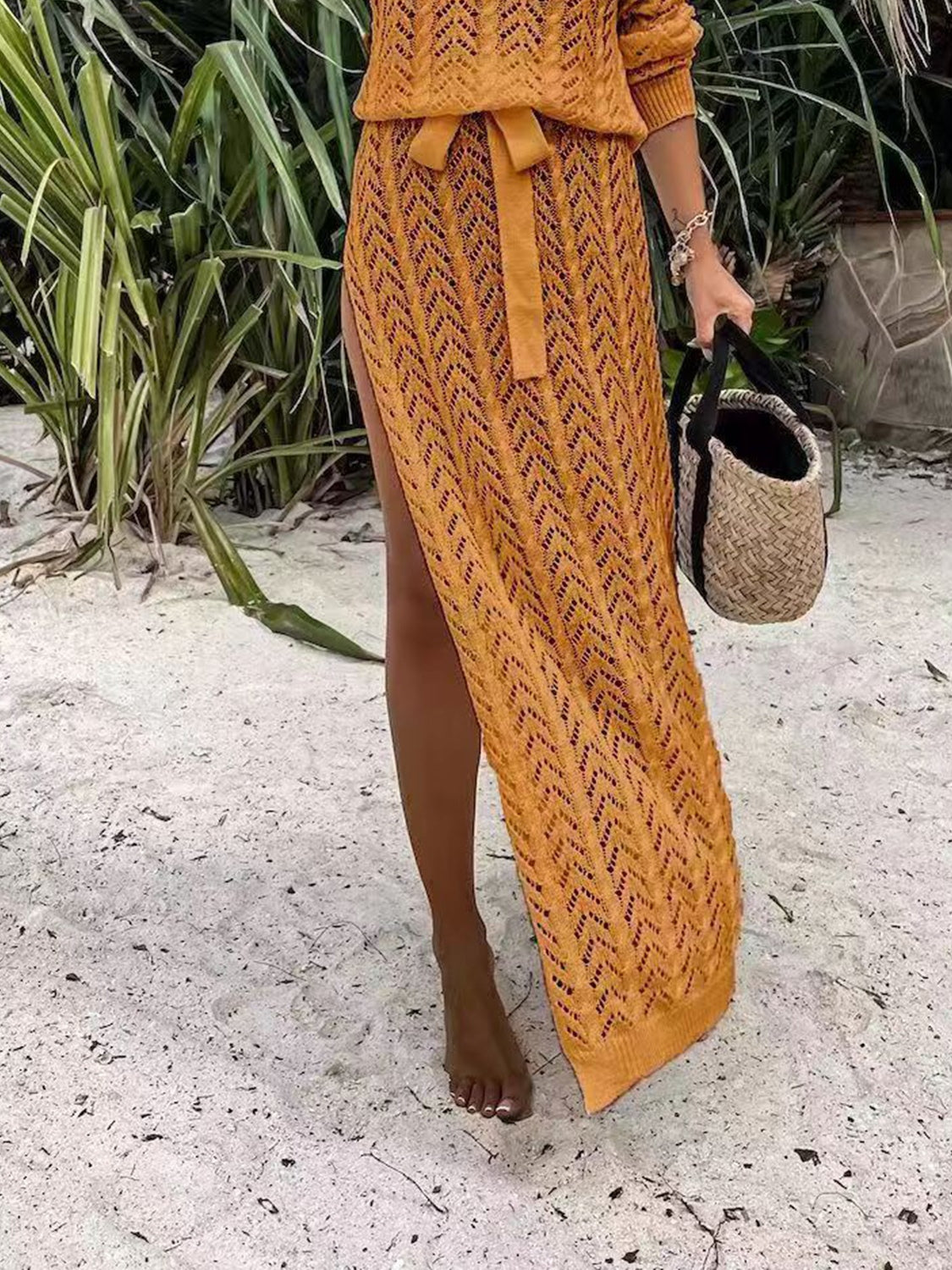 Slit Openwork Single Shoulder Knit Dress - store name
